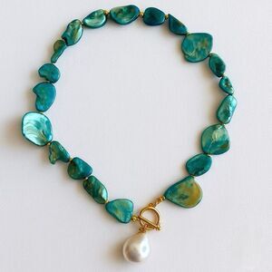 Calypso Blue Shell Necklace with Pearl Drop Gold Toggle Closure